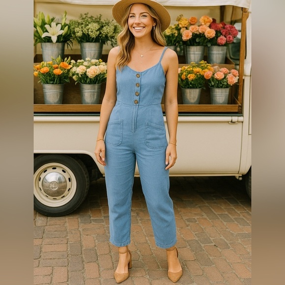 100% Cotton Denim Romper Jumpsuit Boho Summer Beach Justify Vaca Resort Travel - Picture 1 of 10